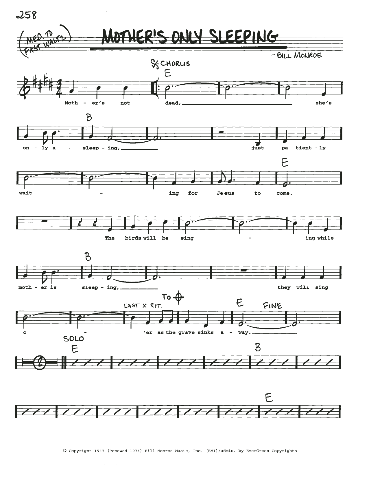 Bill Monroe Mother's Only Sleeping Sheet Music