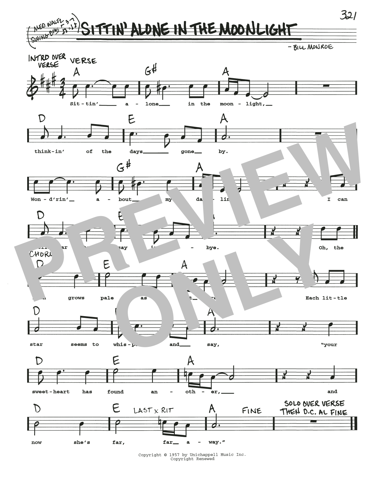 Bill Monroe Sittin' Alone In The Moonlight Sheet Music