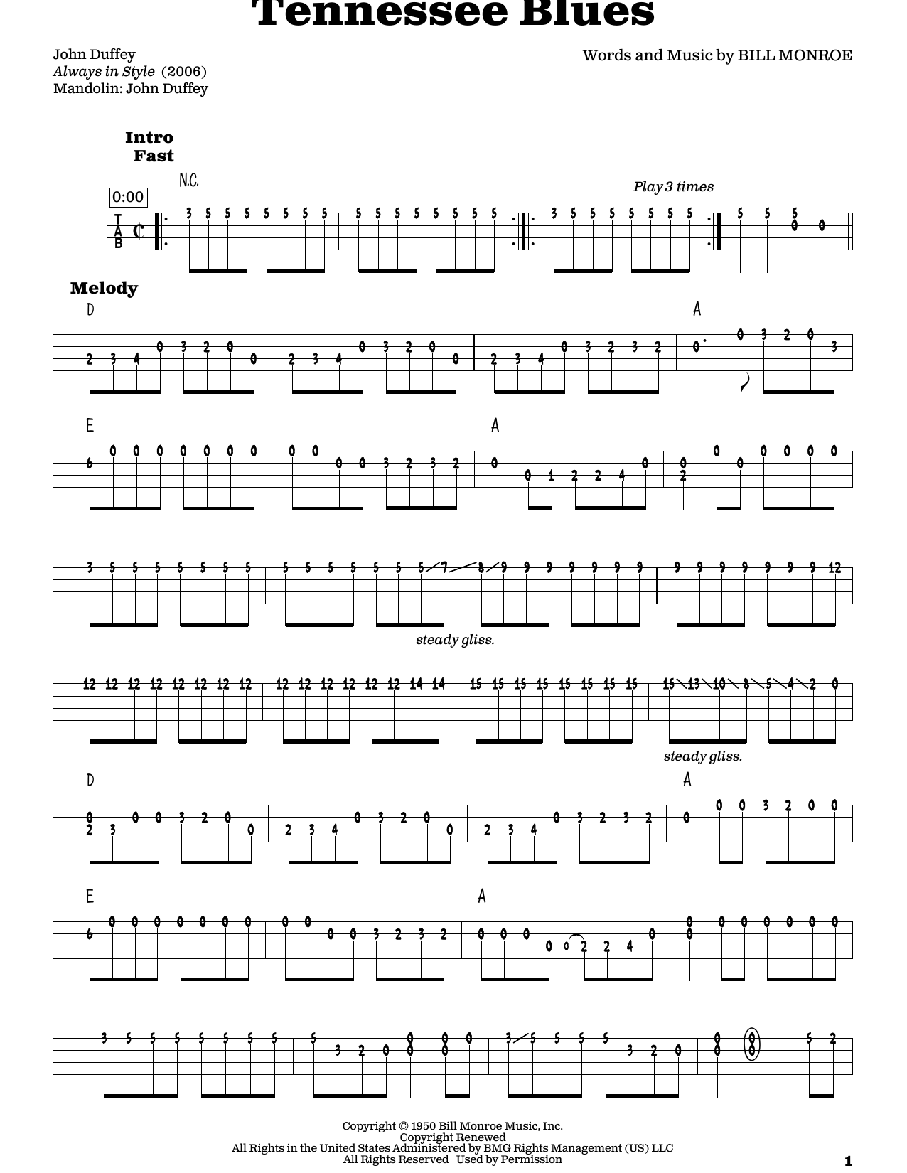 Bill Monroe Tennessee Blues Sheet Music