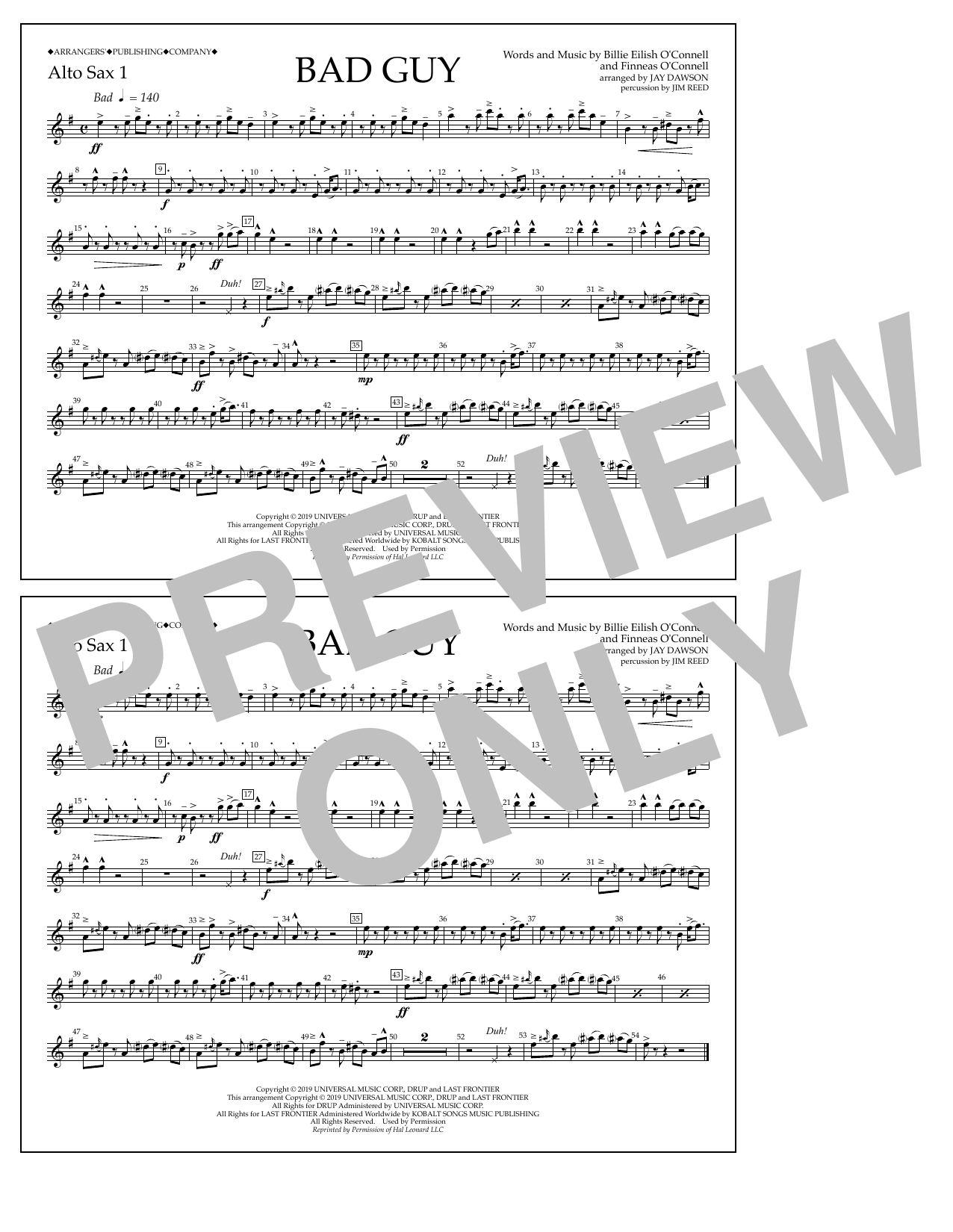 Billie Eilish Bad Guy (arr. Jay Dawson) - Alto Sax 1 Sheet Music