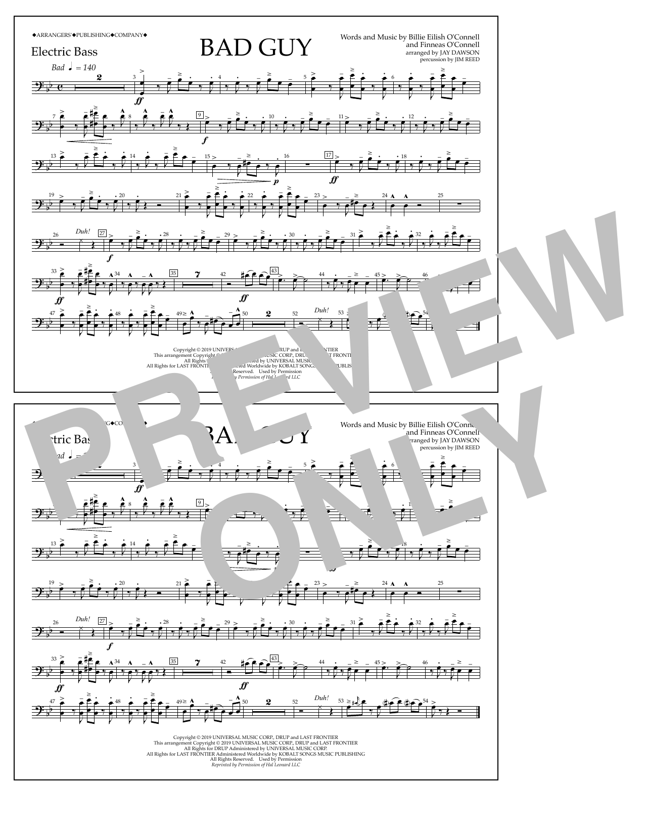 Billie Eilish Bad Guy (arr. Jay Dawson) - Electric Bass Sheet Music