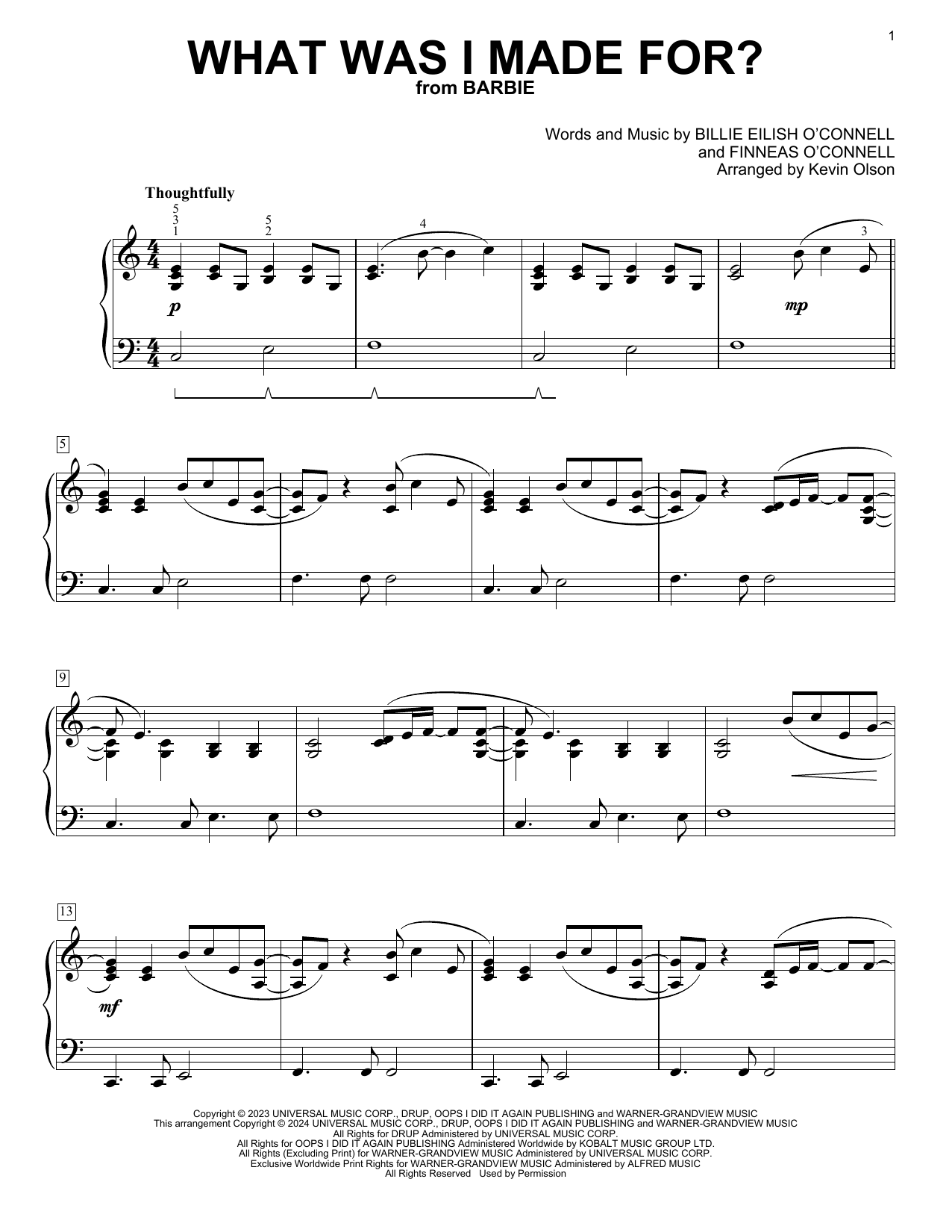 Billie Eilish What Was I Made For? (from Barbie) (arr. Kevin Olson) Sheet Music