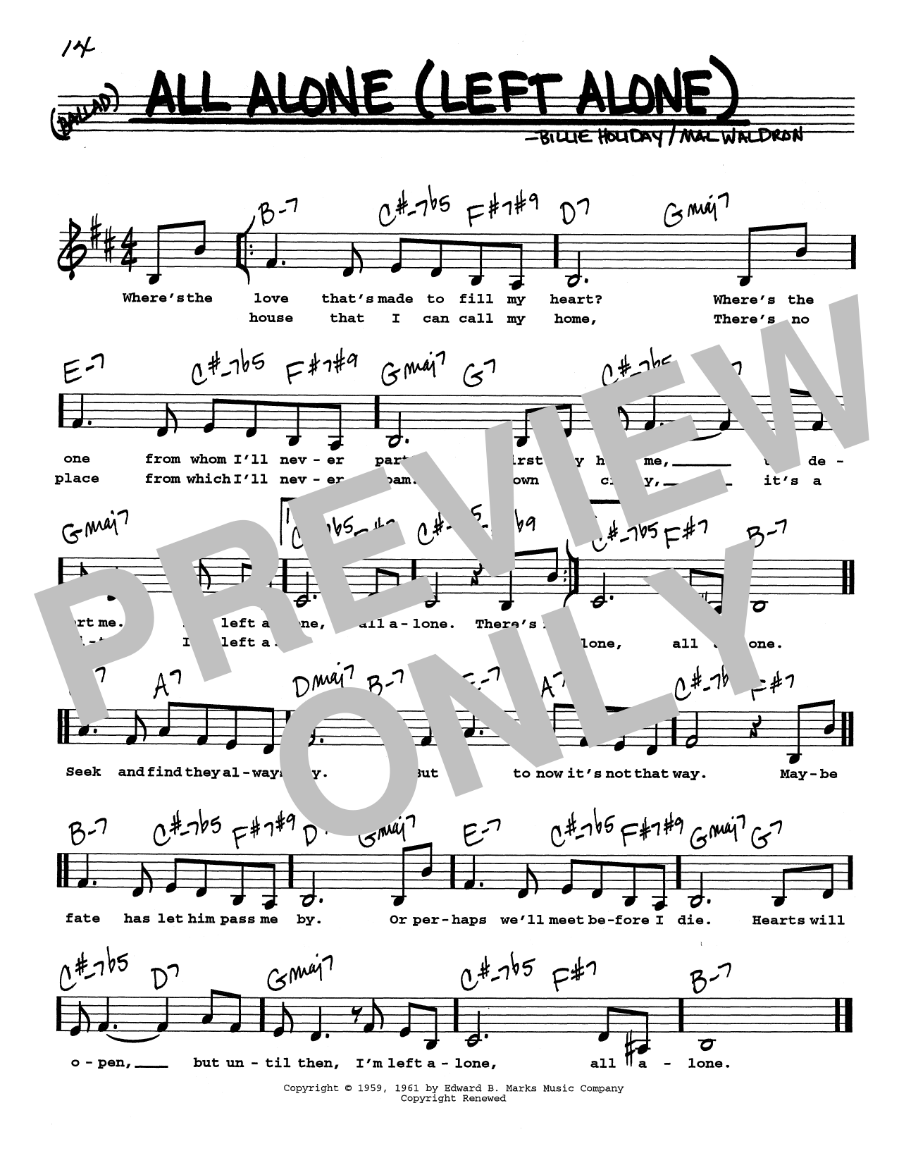 Billie Holiday All Alone (Left Alone) (Low Voice) Sheet Music
