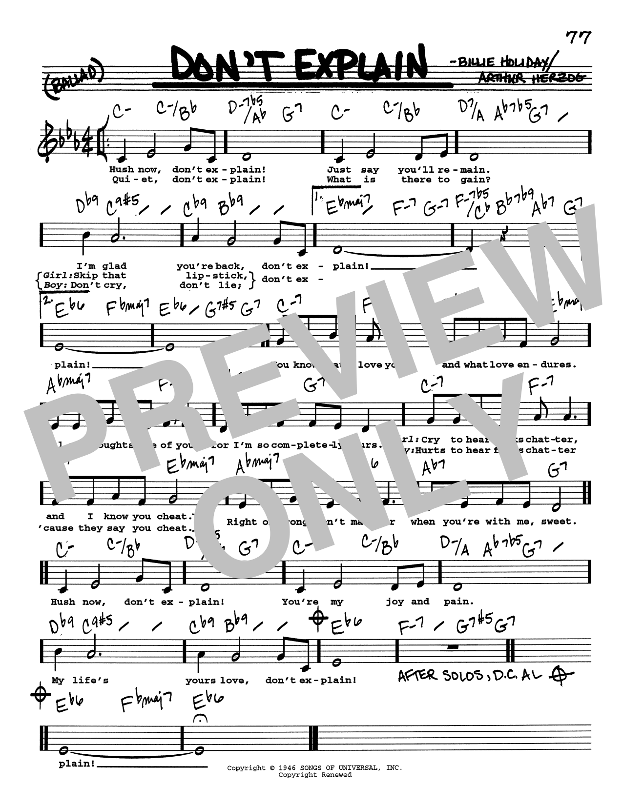 Billie Holiday Don't Explain (Low Voice) Sheet Music