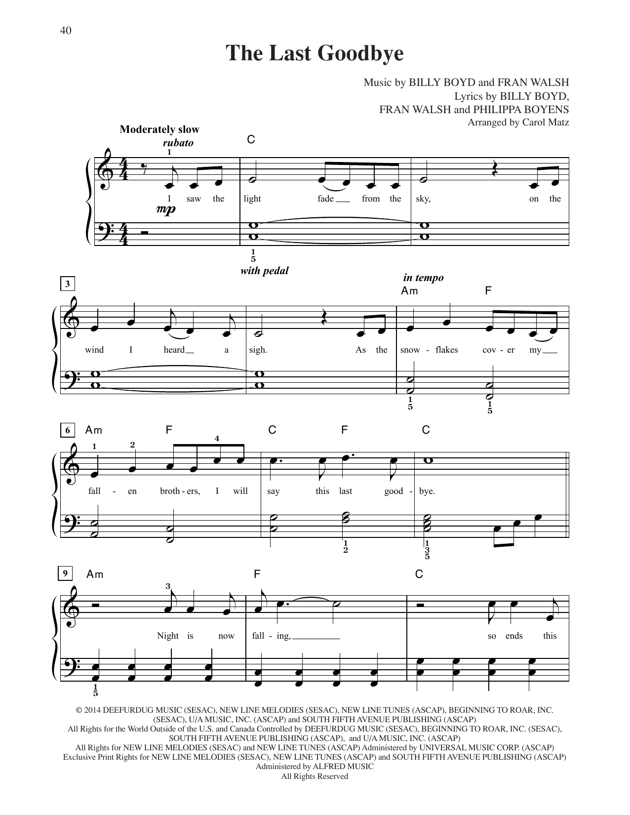 Billy Boyd The Last Goodbye (from The Hobbit: The Battle of the Five Armies) (arr. Carol Ma Sheet Music