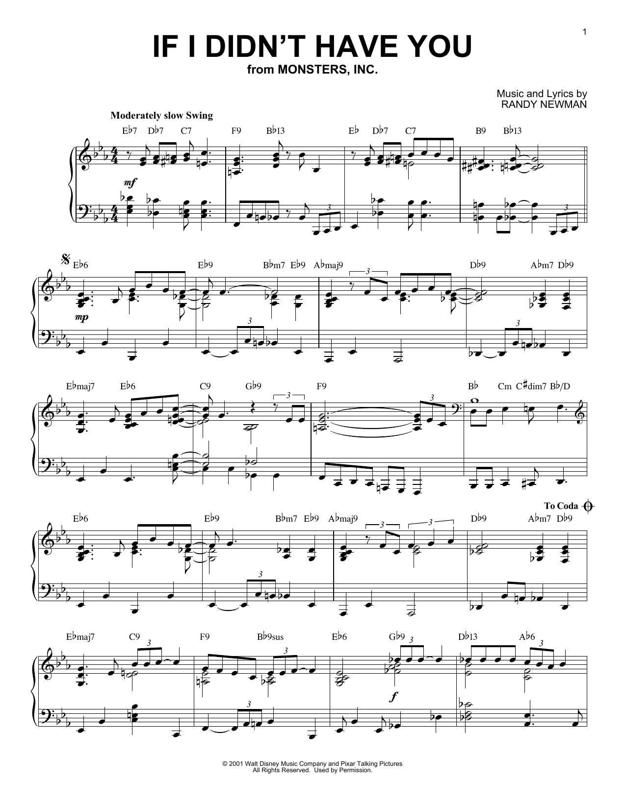 Billy Crystal and John Goodman If I Didn't Have You [Jazz version] (from Disney's Monsters, Inc.) Sheet Music
