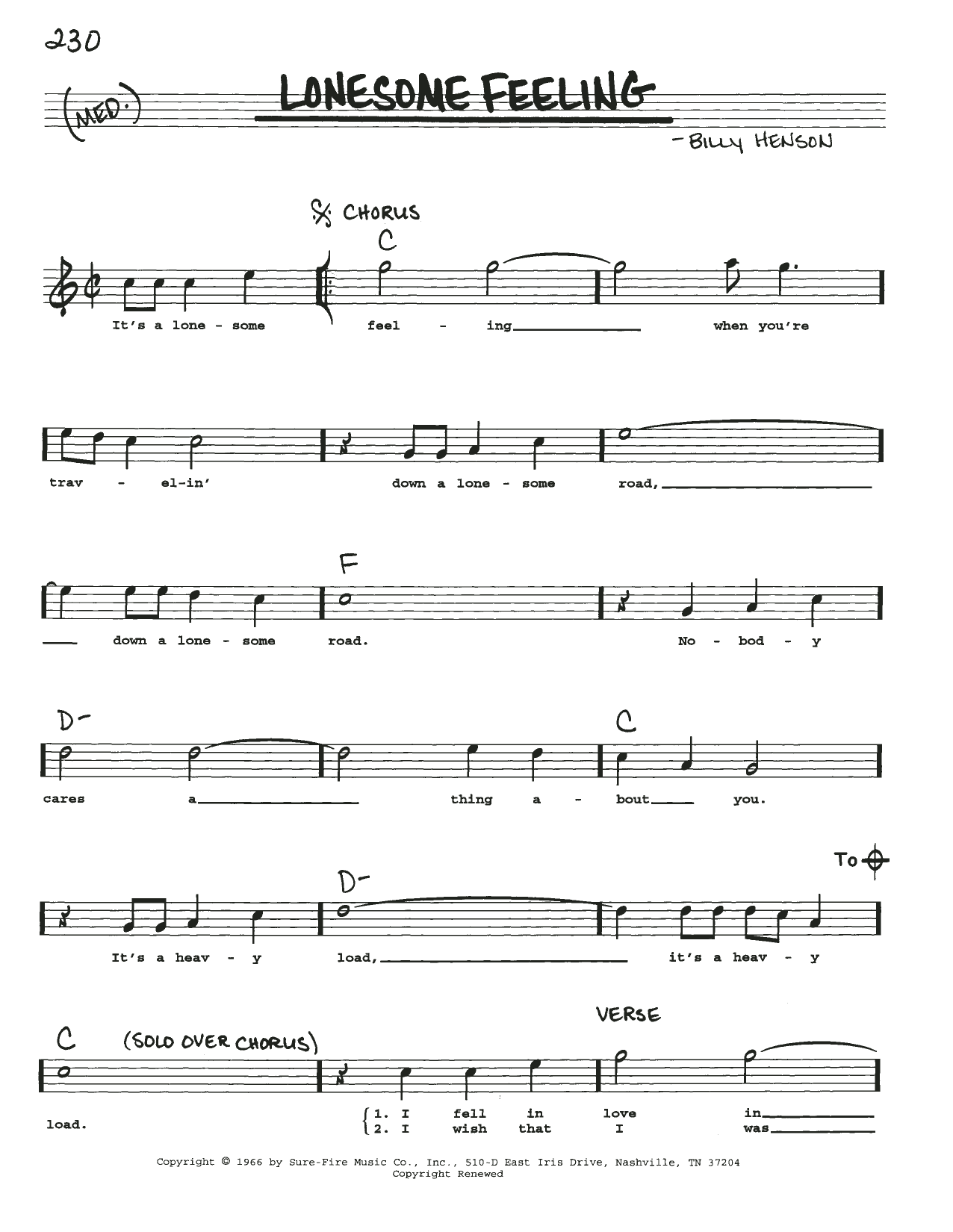 Billy Henson Lonesome Feeling Sheet Music