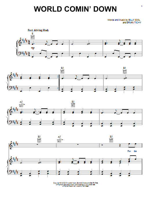 Billy Idol World Comin' Down Sheet Music