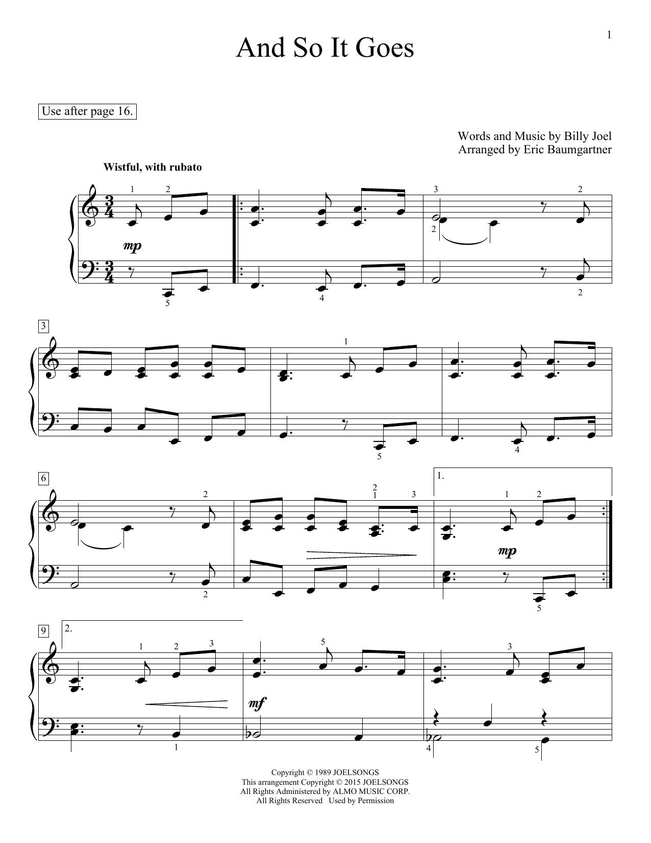 Eric Baumgartner And So It Goes Sheet Music