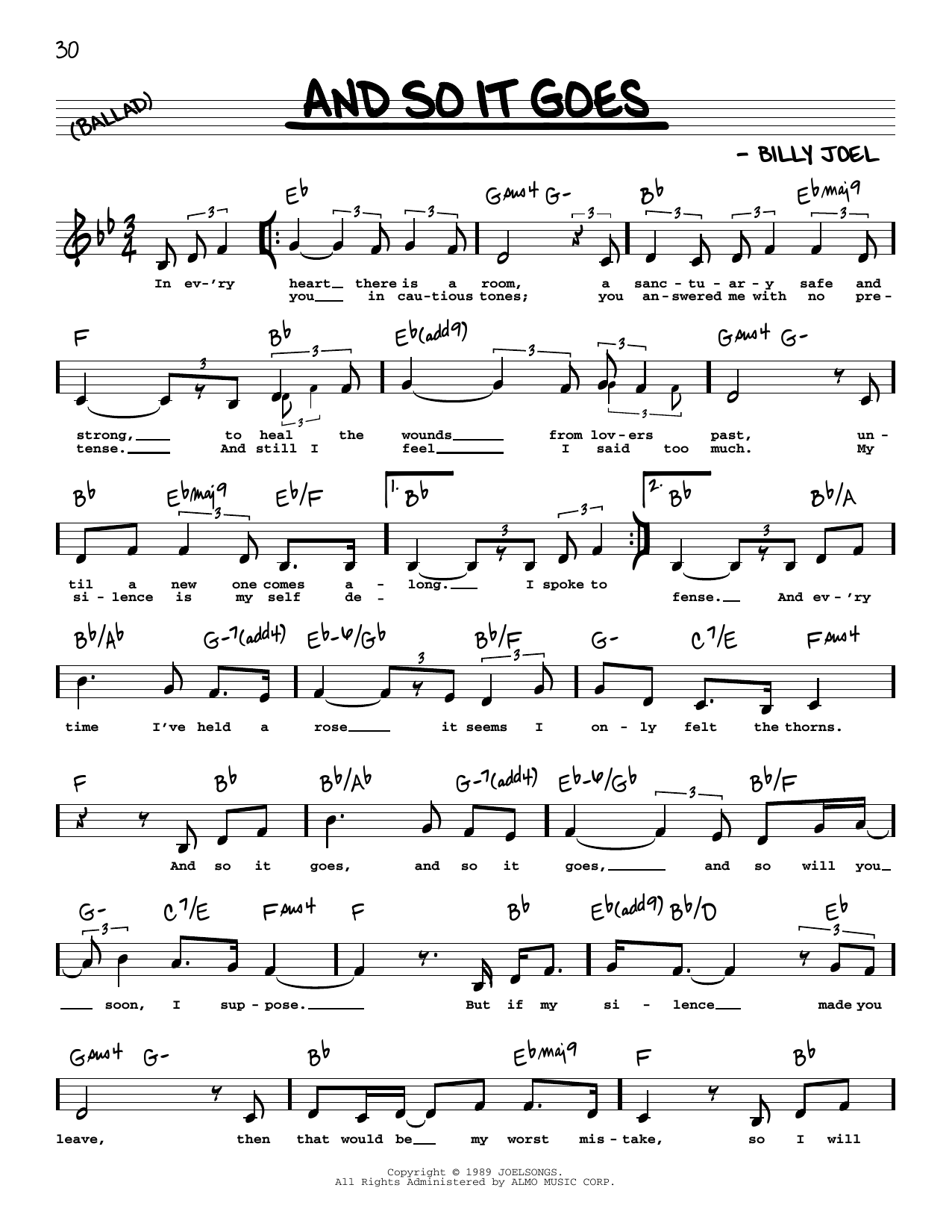 Billy Joel And So It Goes (Low Voice) Sheet Music