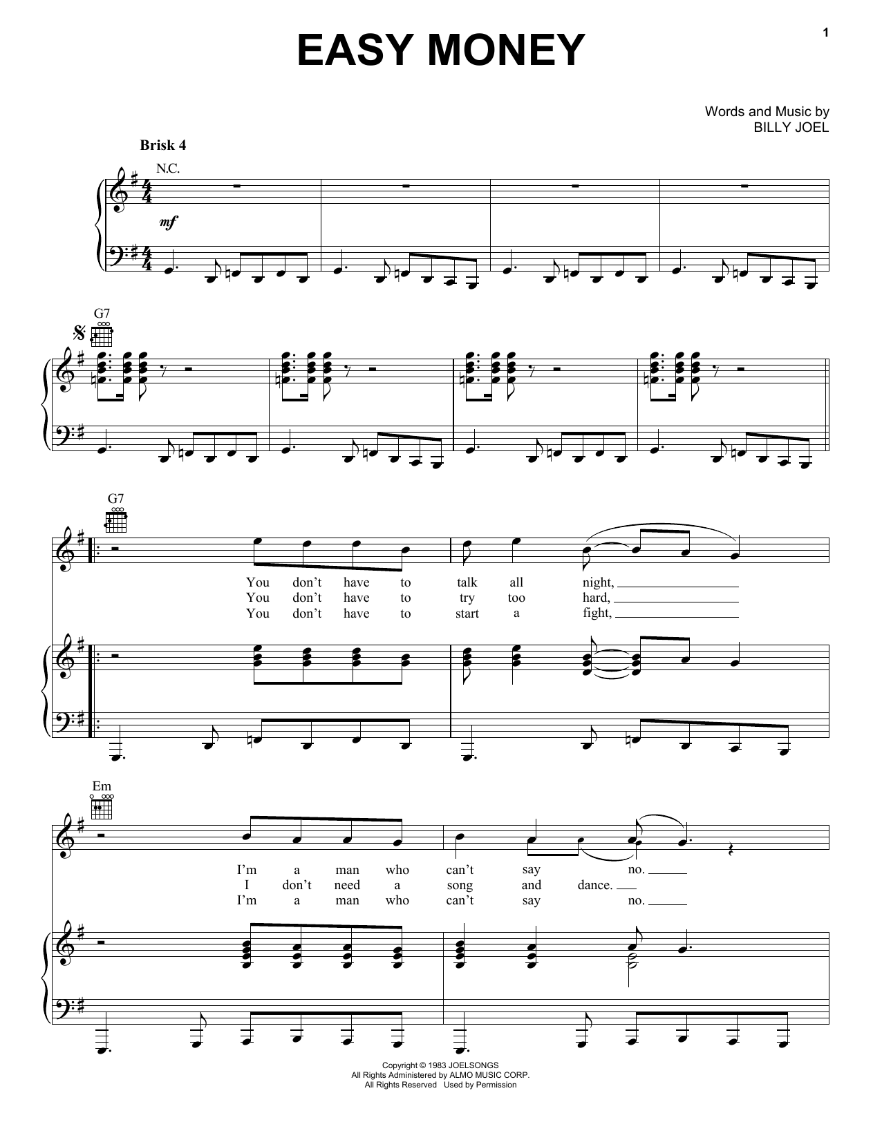 Billy Joel Easy Money Sheet Music
