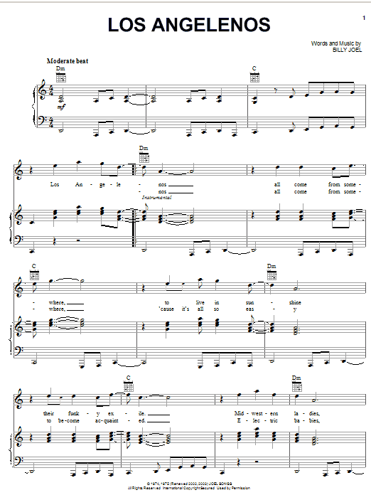 Billy Joel Los Angelenos Sheet Music