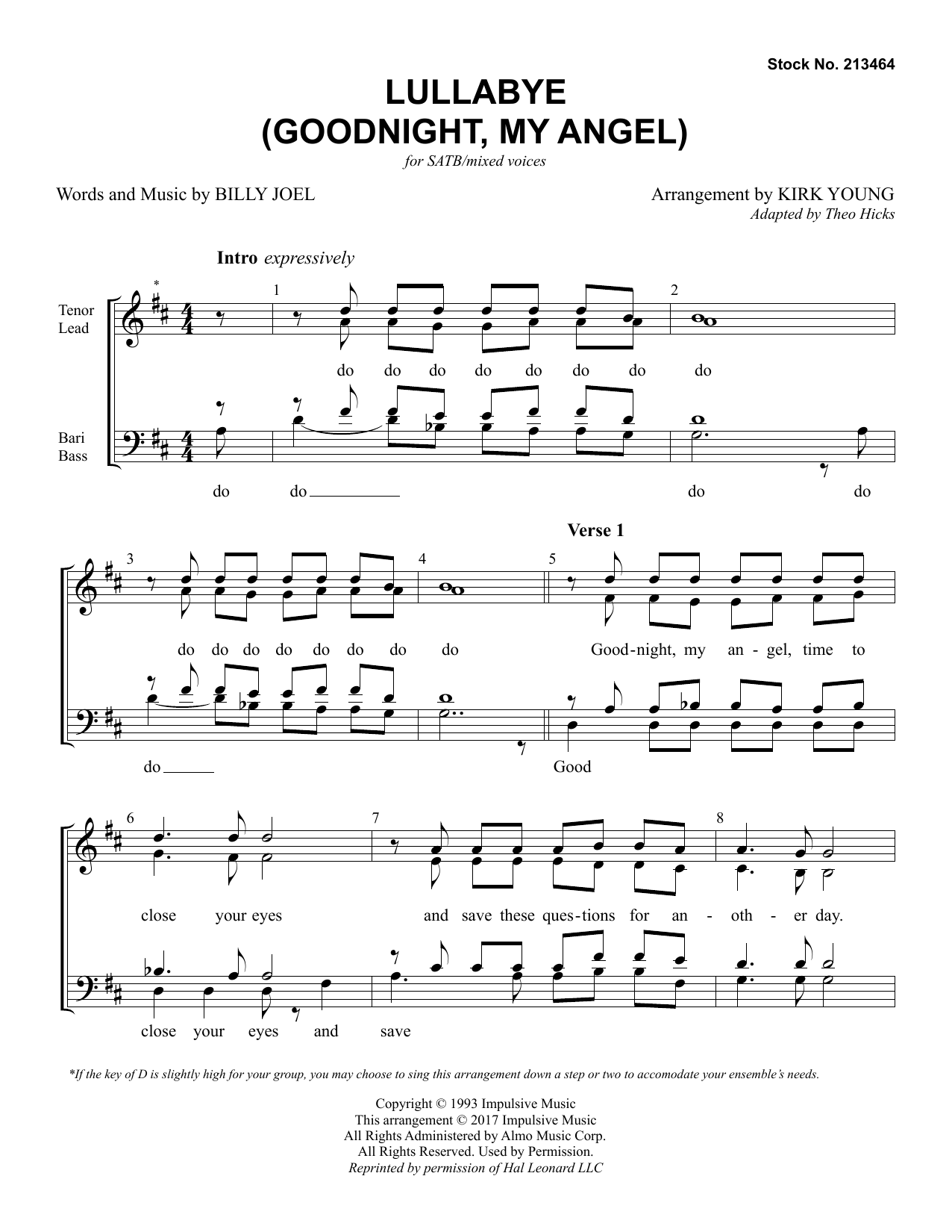 Billy Joel Lullabye (Goodnight, My Angel) (arr. Kirk Young) Sheet Music