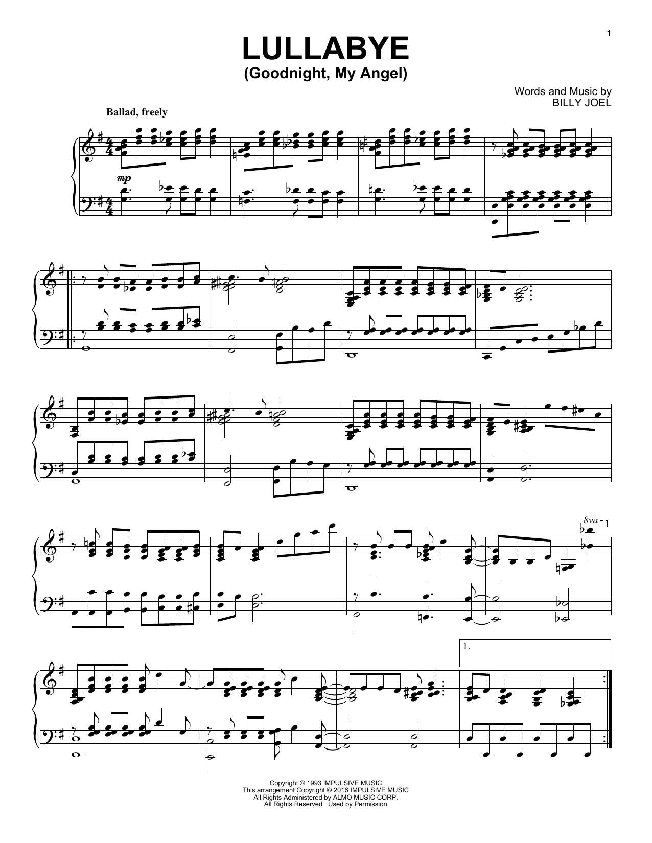 Billy Joel Lullabye (Goodnight, My Angel) [Jazz version] Sheet Music