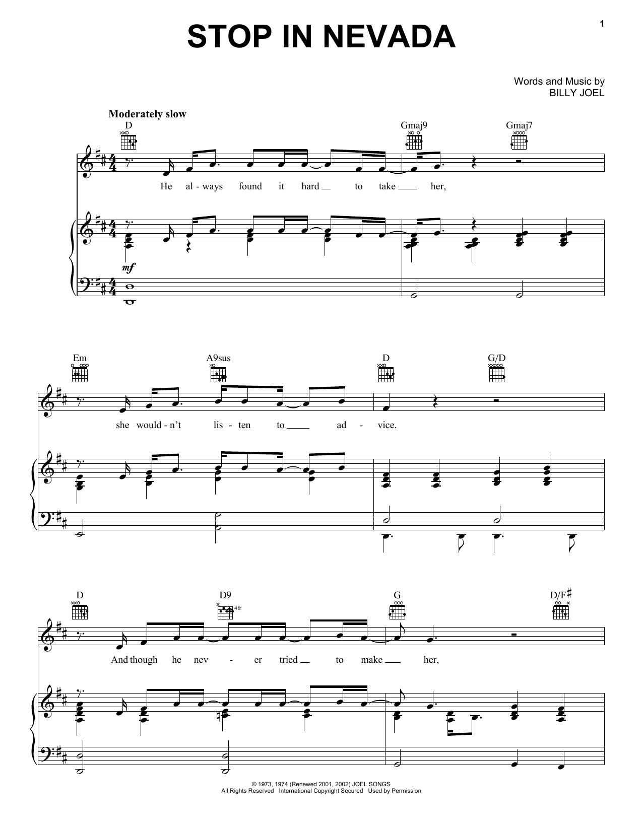 Billy Joel Stop In Nevada Sheet Music