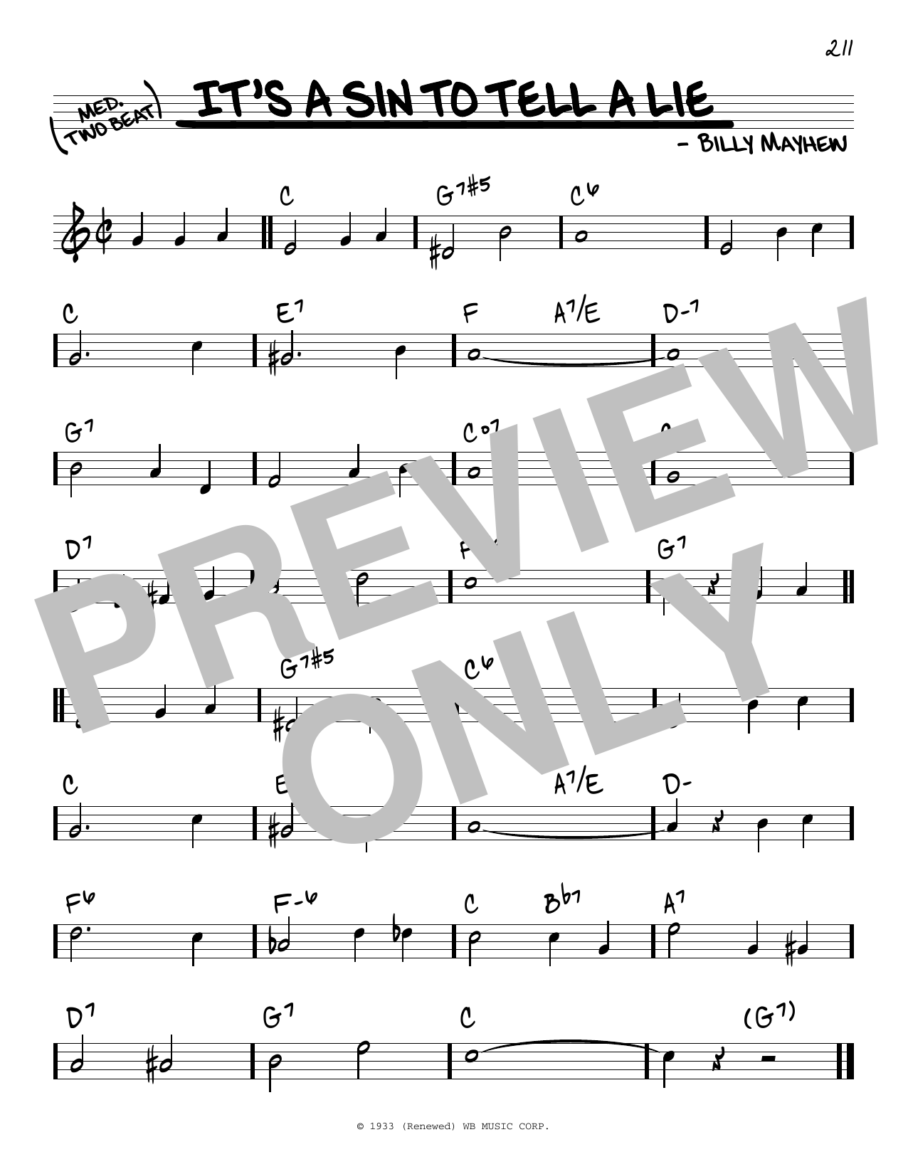 Billy Mayhew It's A Sin To Tell A Lie Sheet Music