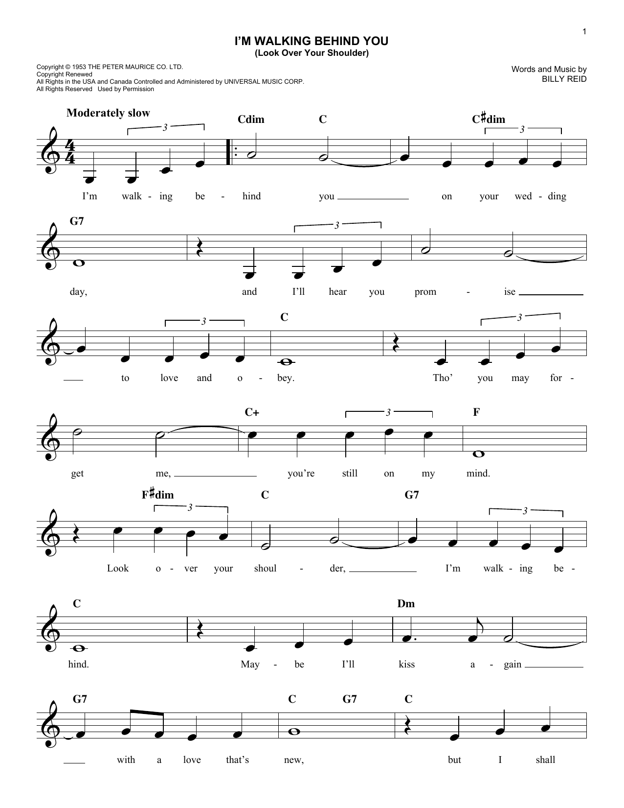 Billy Reid I'm Walking Behind You (Look Over Your Shoulder) Sheet Music