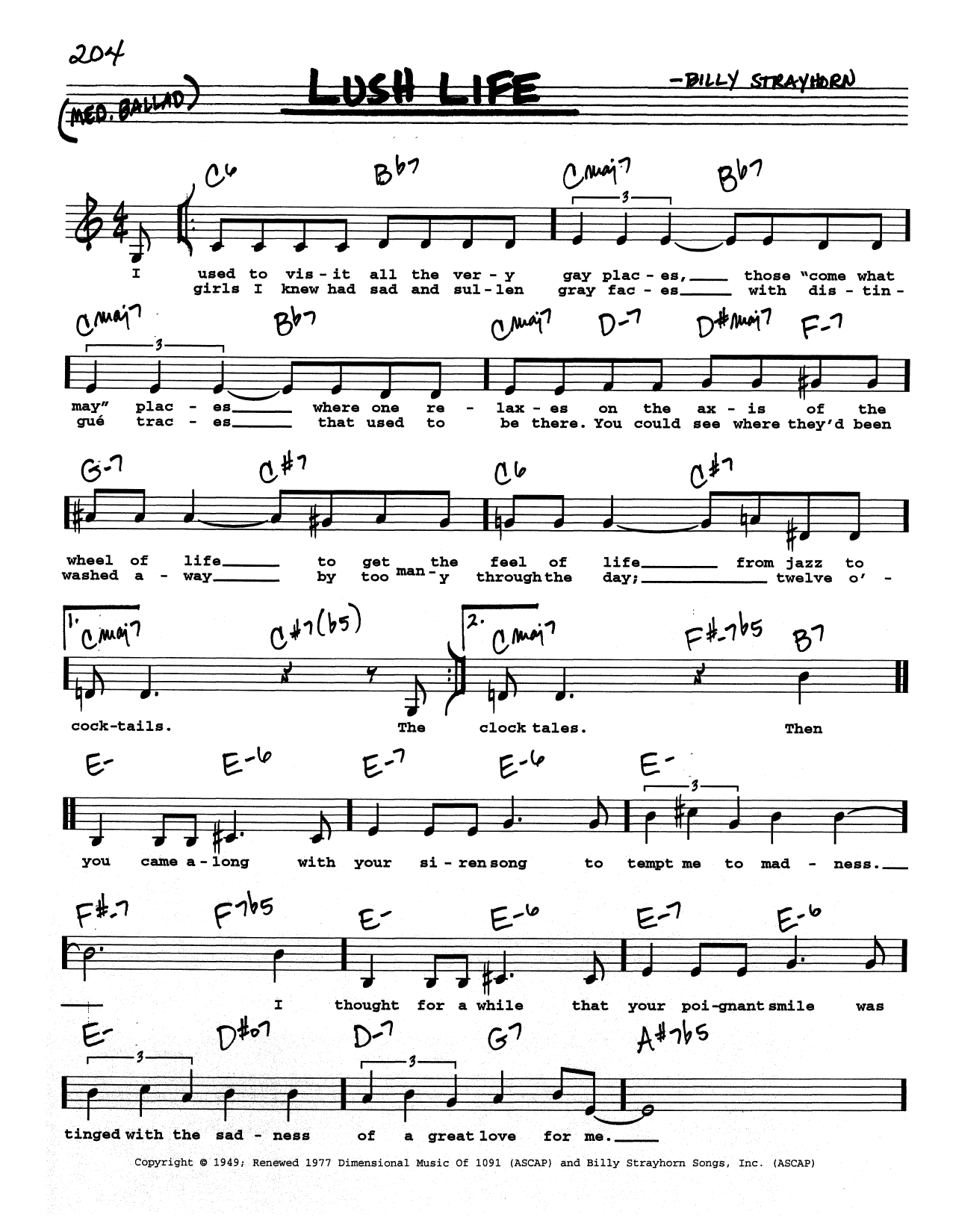 Billy Strayhorn Lush Life (Low Voice) Sheet Music