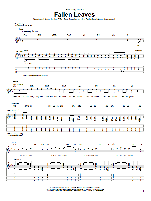 Billy Talent Fallen Leaves Sheet Music