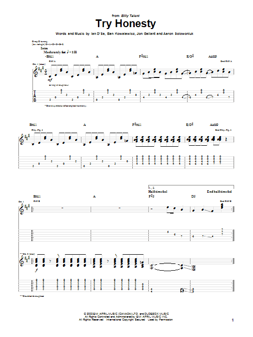 Billy Talent Try Honesty Sheet Music