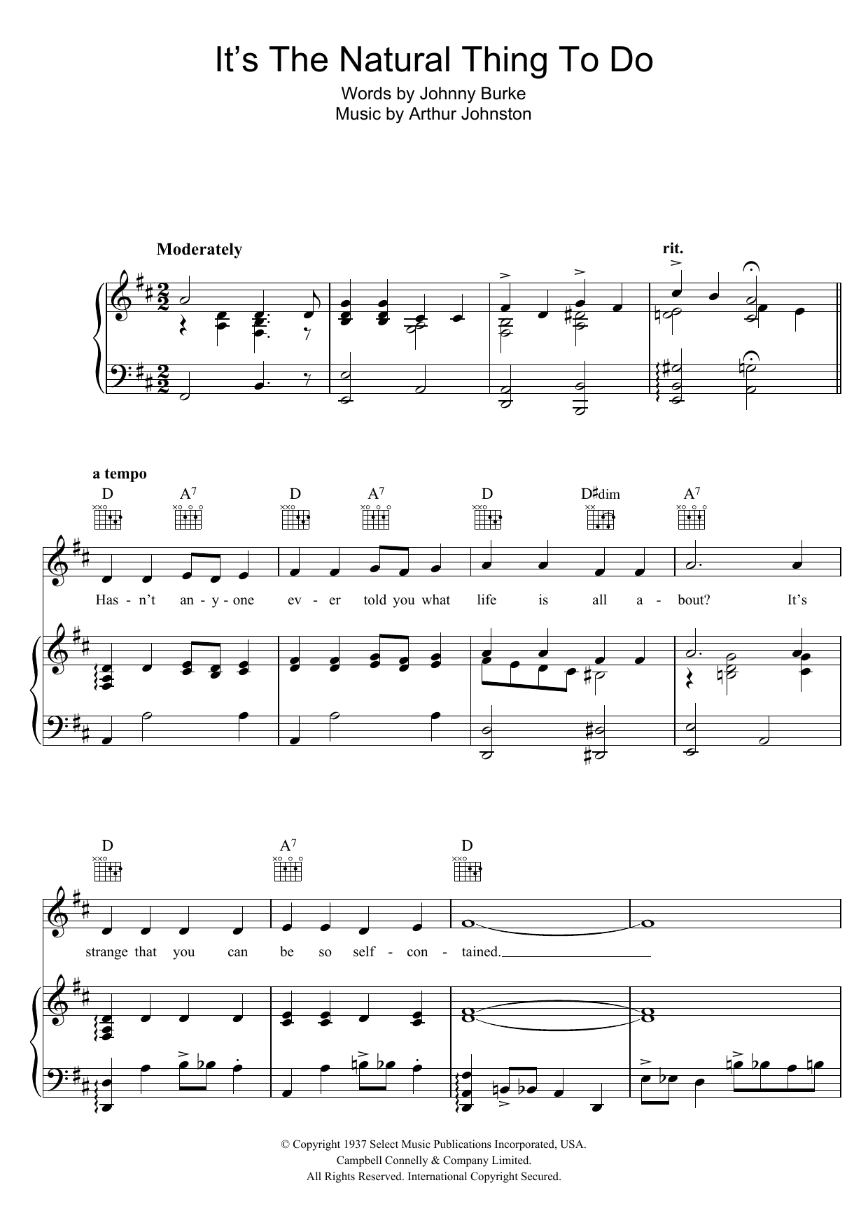 Bing Crosby It's The Natural Thing To Do Sheet Music
