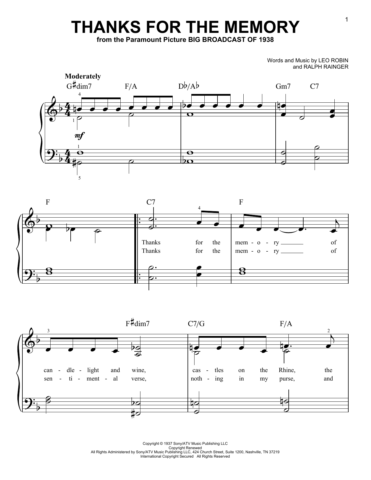 Bing Crosby Thanks For The Memory Sheet Music