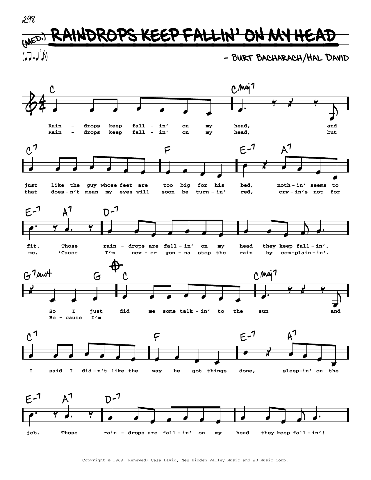 B.J. Thomas Raindrops Keep Fallin' On My Head (Low Voice) Sheet Music