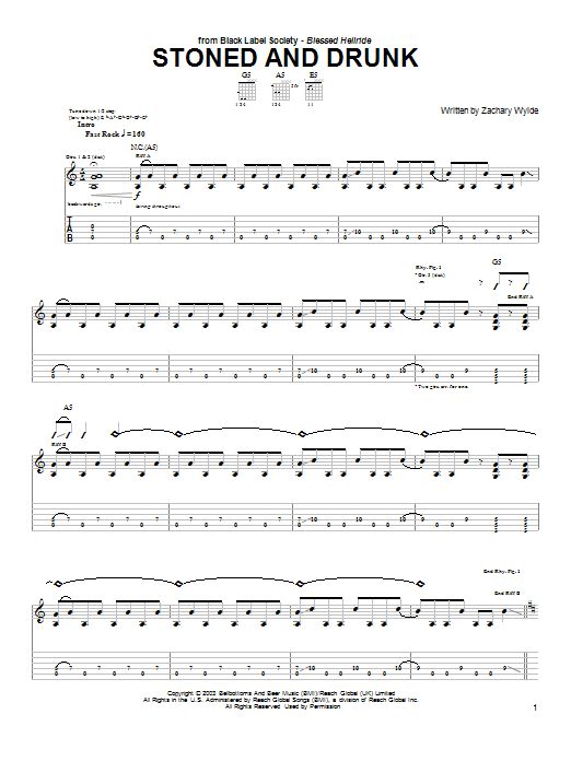Black Label Society Stoned And Drunk Sheet Music