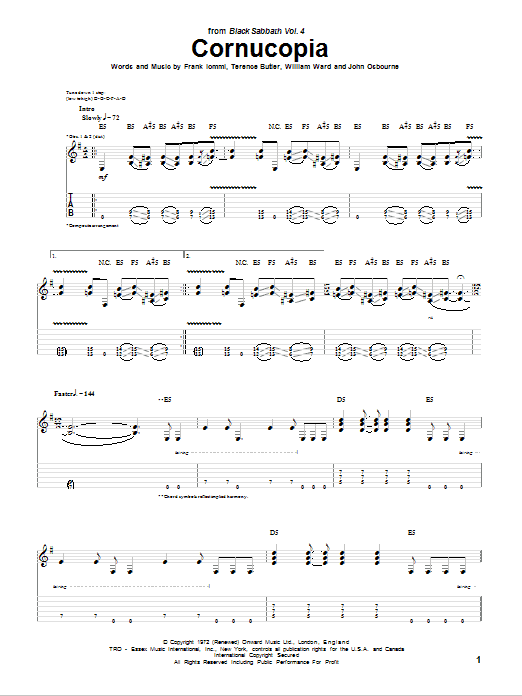 Black Sabbath Cornucopia Sheet Music