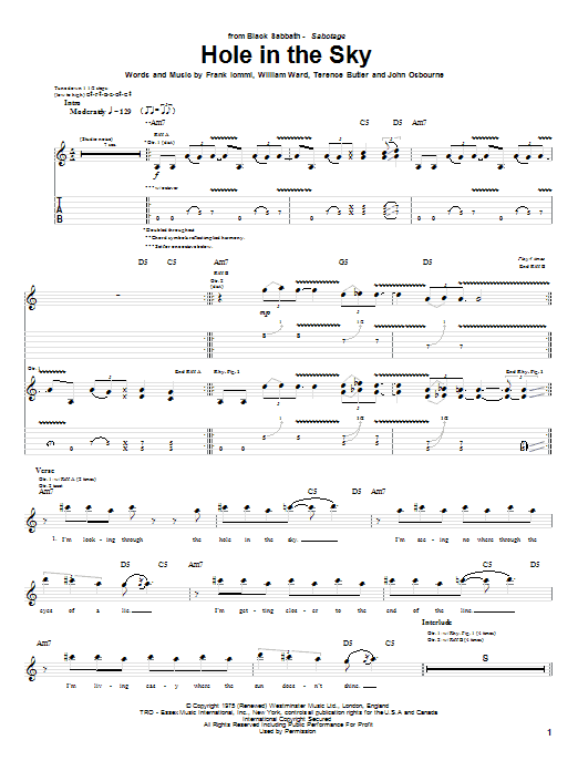 Black Sabbath Hole In The Sky Sheet Music