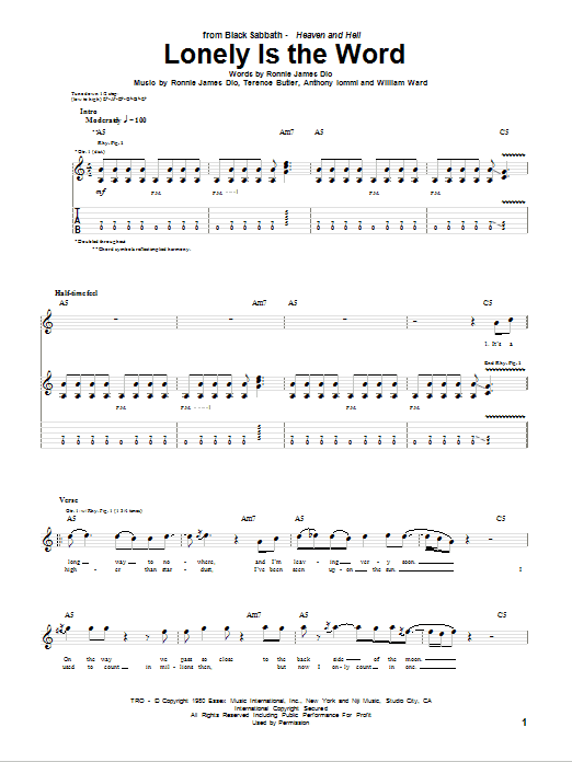 Black Sabbath Lonely Is The Word Sheet Music