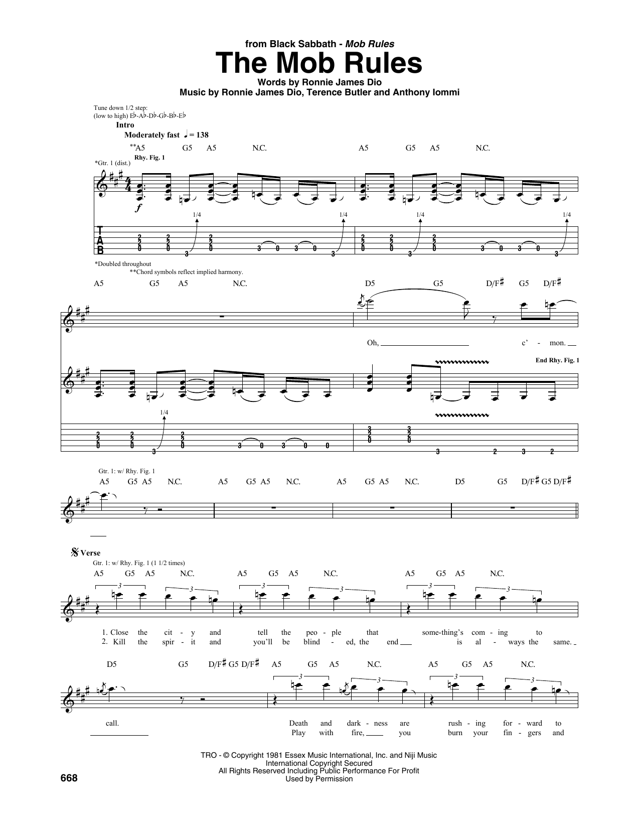 Black Sabbath The Mob Rules Sheet Music