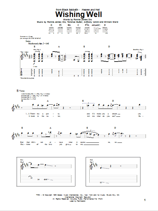 Black Sabbath Wishing Well Sheet Music