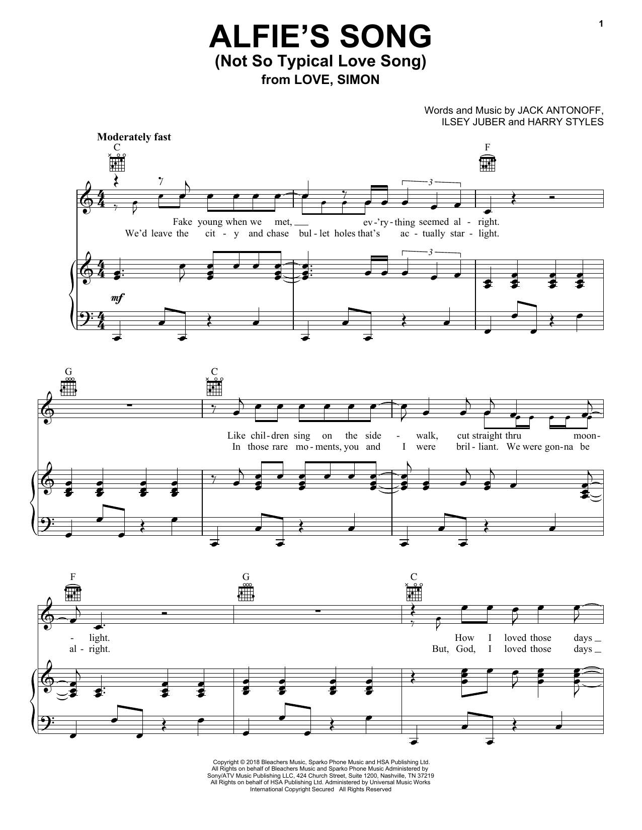 Bleachers Alfie's Song (Not So Typical Love Song) (from Love, Simon) Sheet Music