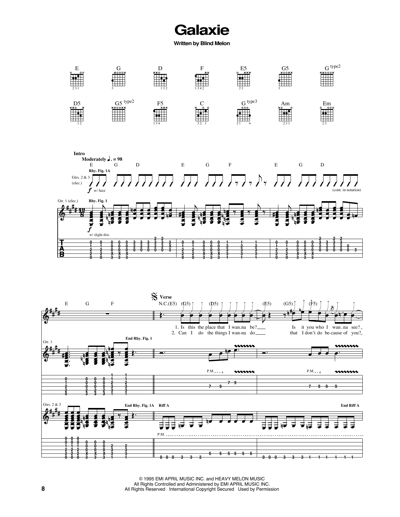 Blind Melon Galaxie Sheet Music