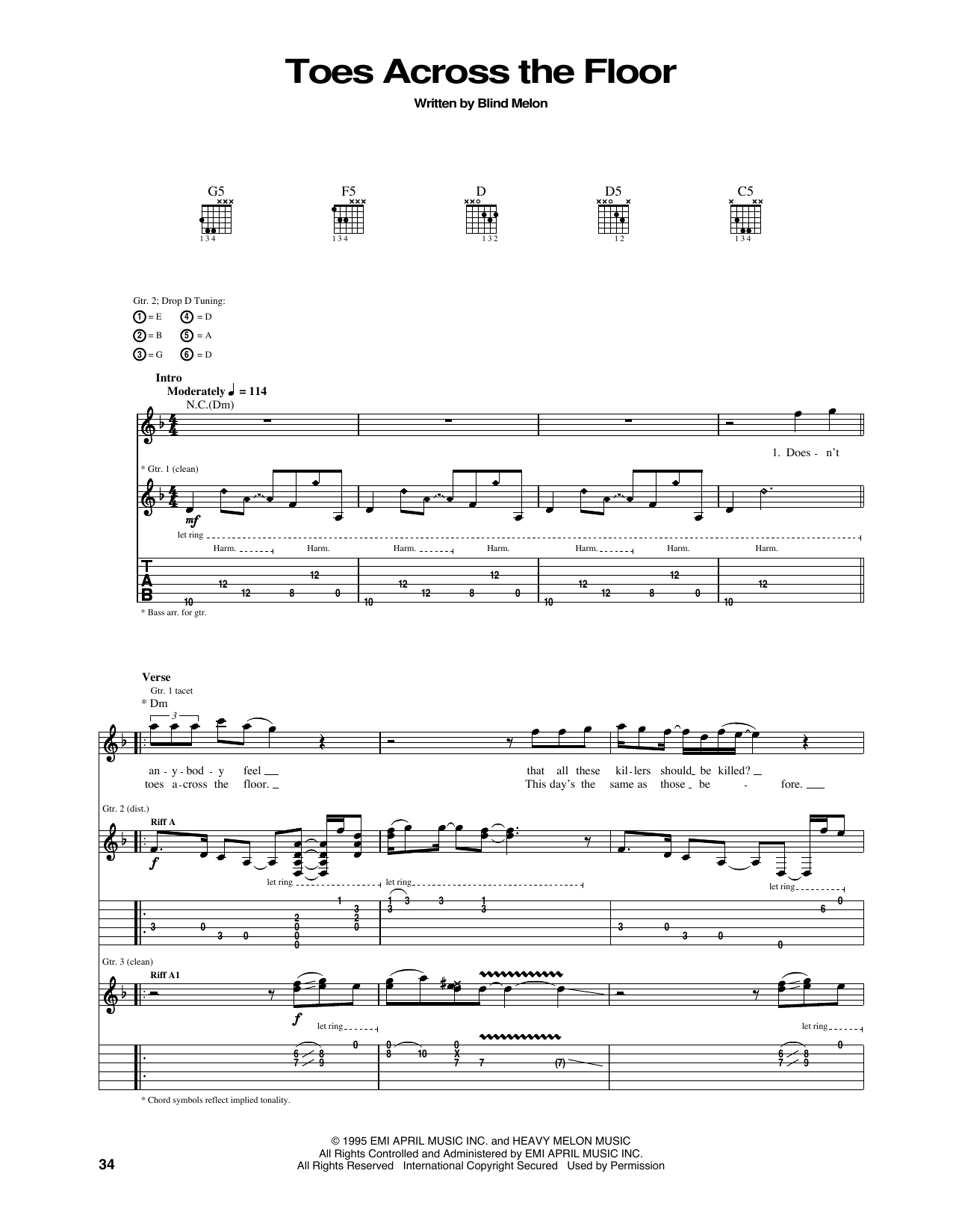 Blind Melon Toes Across The Floor Sheet Music