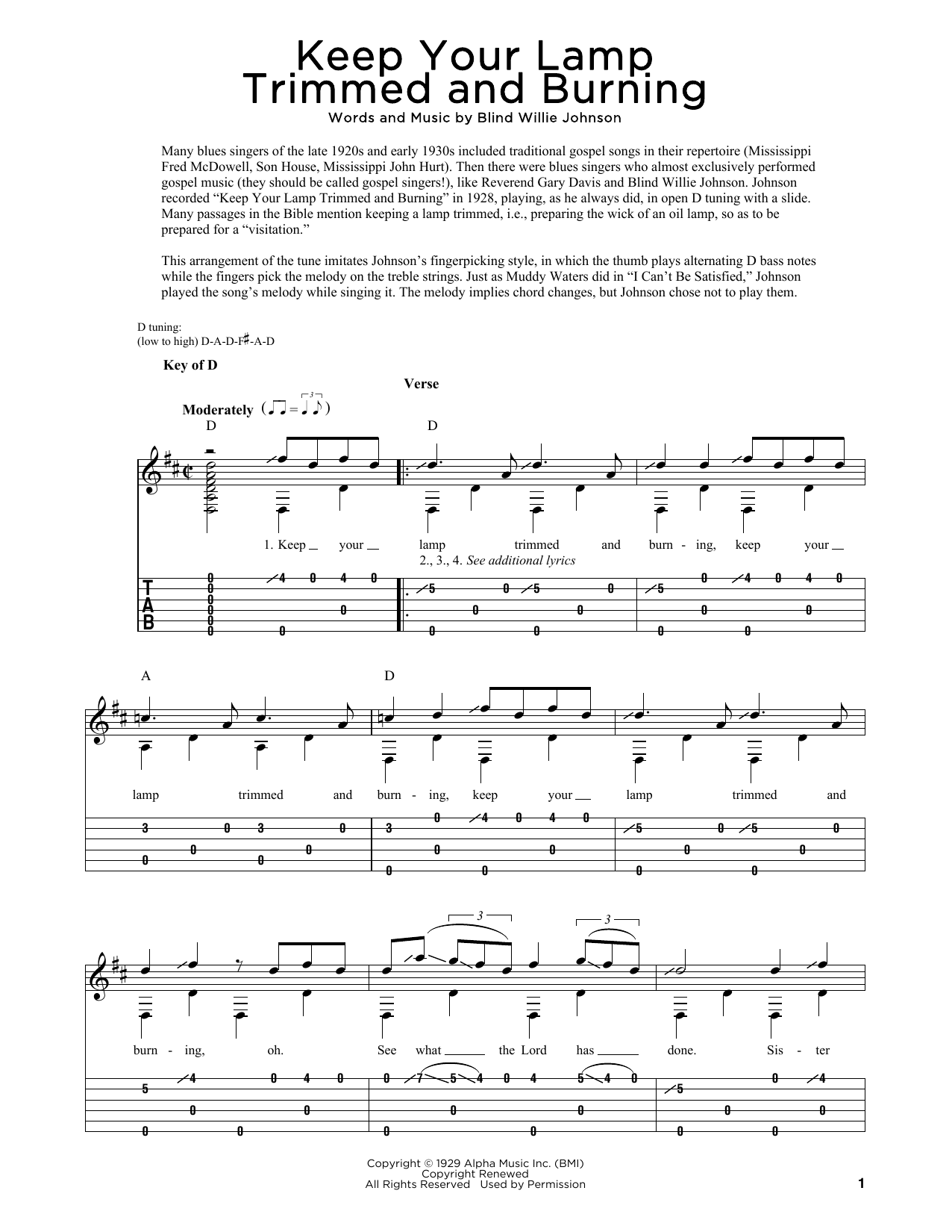 Blind Willie Johnson Keep Your Lamp Trimmed And Burning Sheet Music