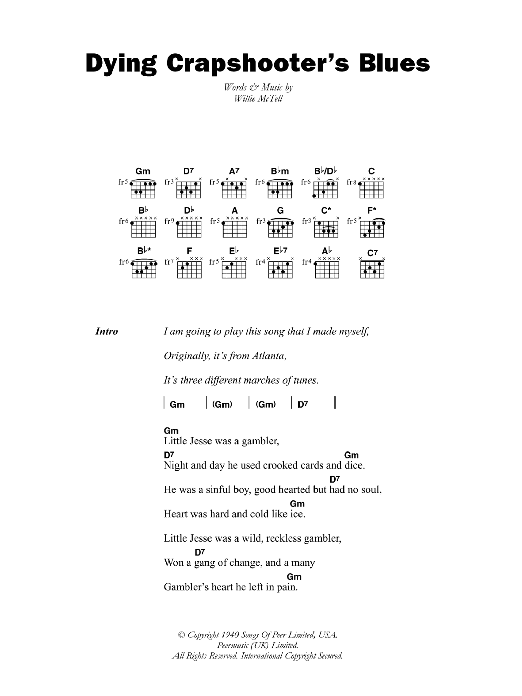 Blind Willie McTell Dying Crapshooter's Blues Sheet Music