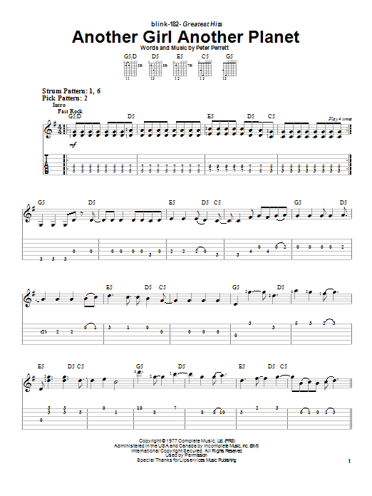 Blink-182 Another Girl Another Planet Sheet Music