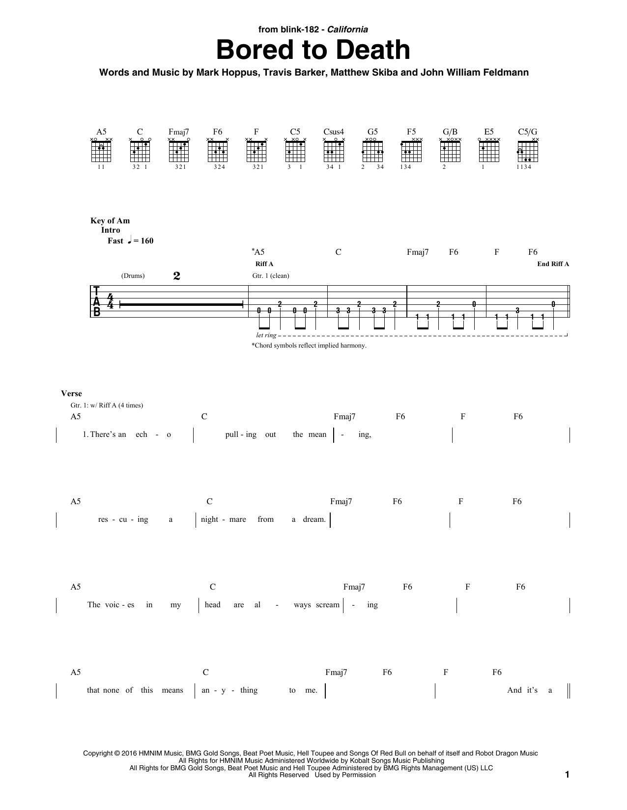 Blink 182 Bored To Death Sheet Music