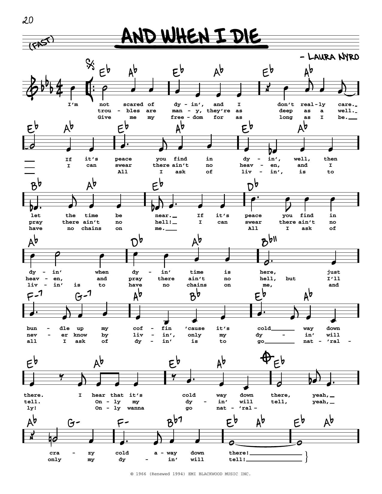 Laura Nyro And When I Die (High Voice) Sheet Music