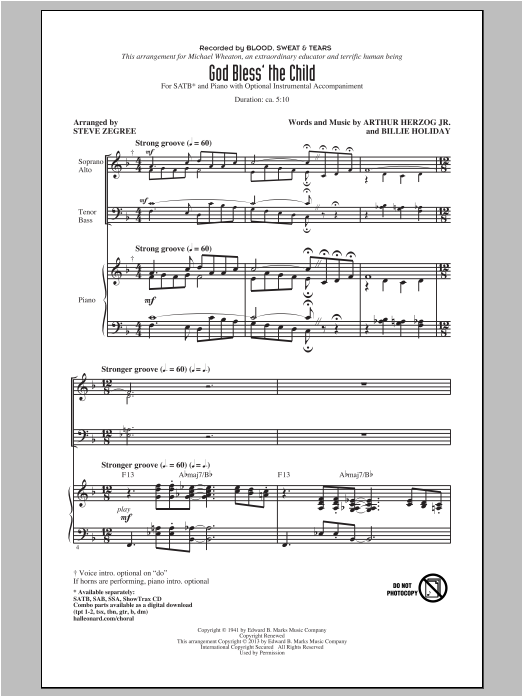 Blood, Sweat & Tears God Bless' The Child (arr. Steve Zegree) Sheet Music