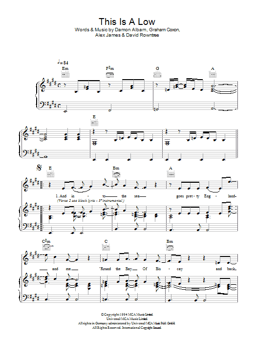 Blur This Is A Low Sheet Music