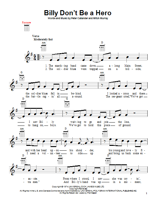 Bo Donaldson and the Heywoods Billy, Don't Be A Hero Sheet Music