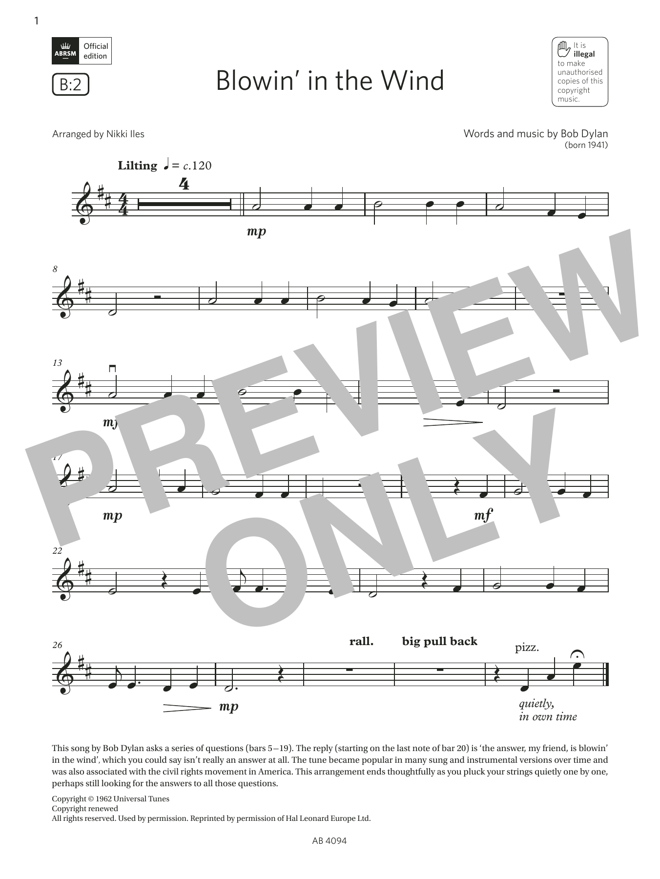 Bob Dylan Blowin' in the Wind (Grade Initial, B2, from the ABRSM Violin Syllabus from 2024 Sheet Music