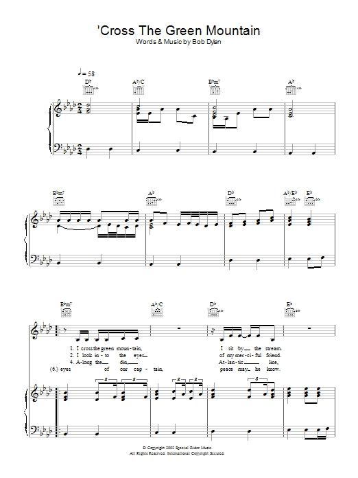 Bob Dylan 'Cross Green Mountain Sheet Music