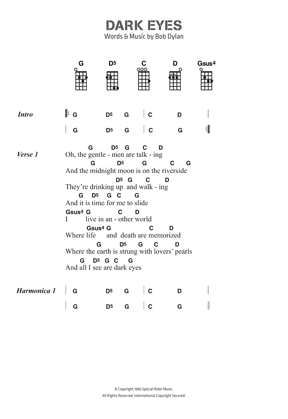 Bob Dylan Dark Eyes Sheet Music