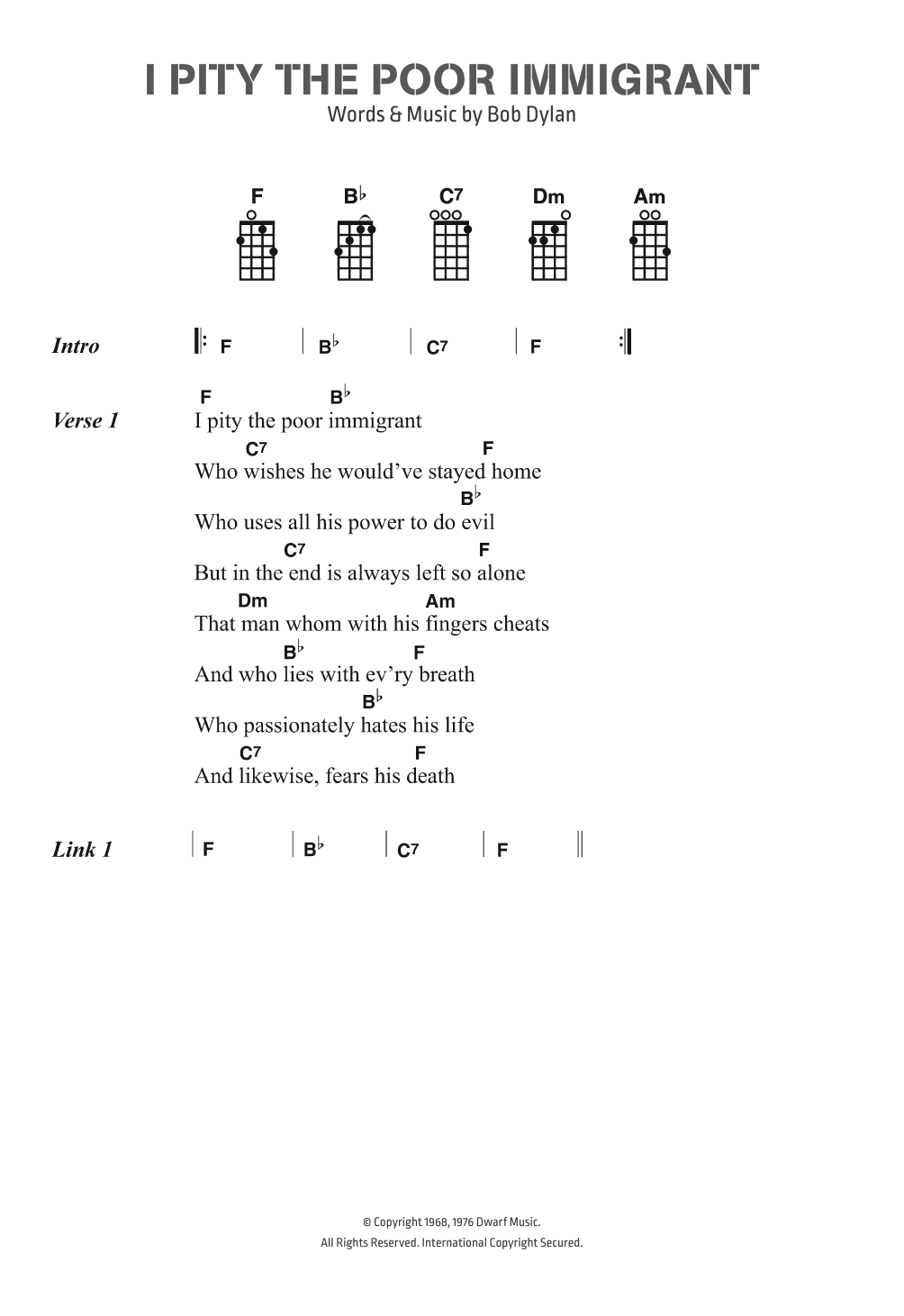 Bob Dylan I Pity The Poor Immigrant Sheet Music