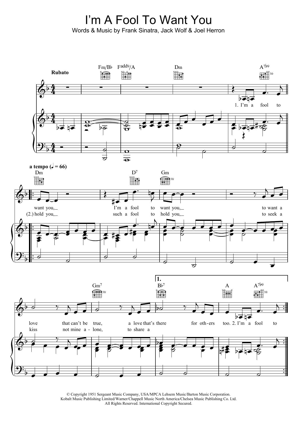 Bob Dylan I'm A Fool To Want You Sheet Music