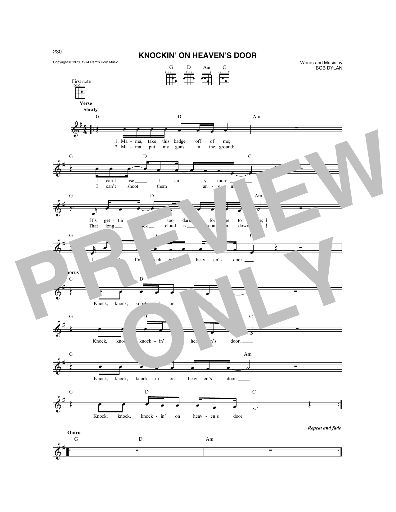 Bob Dylan Knockin' On Heaven's Door (from Pat Garrett And Billy The Kid) Sheet Music